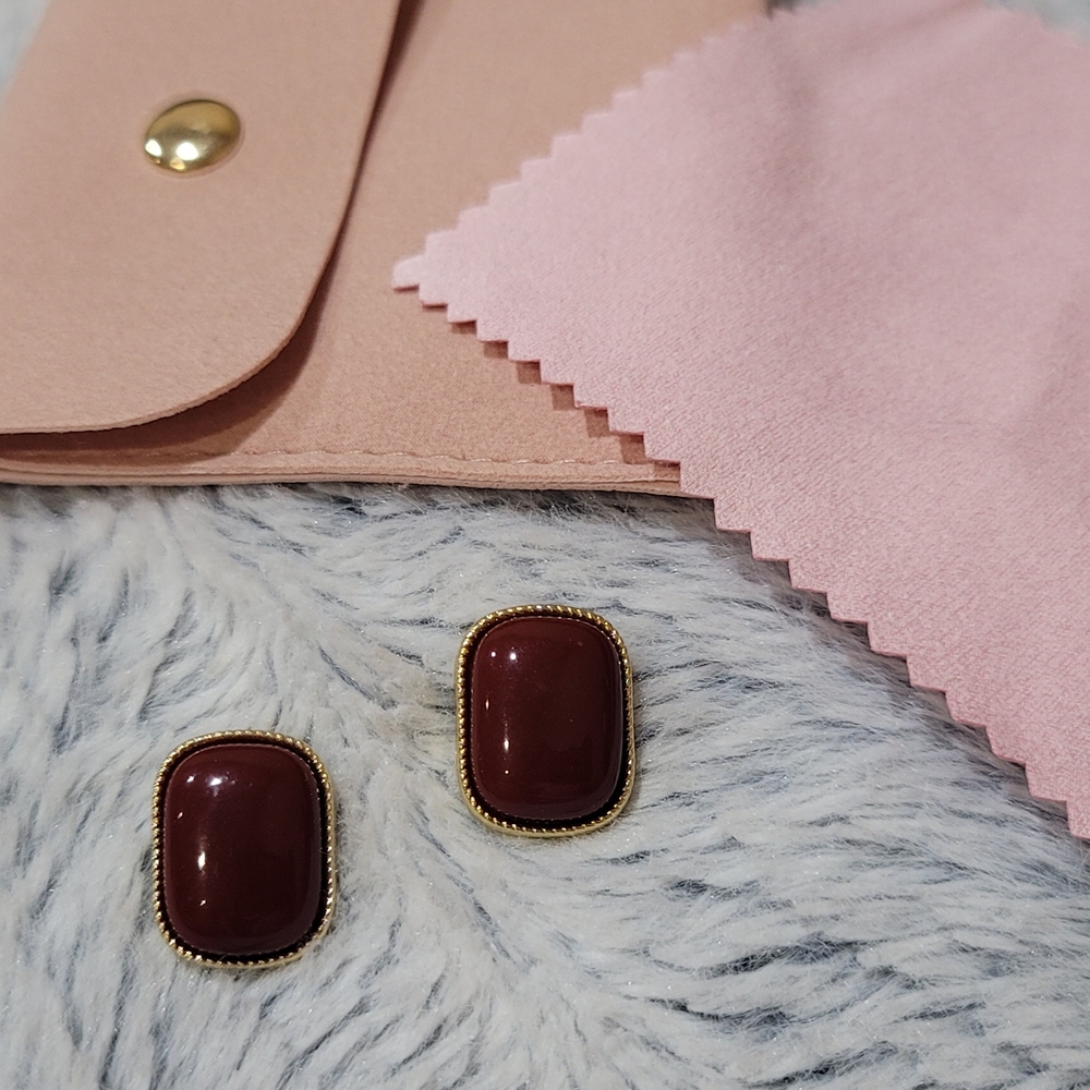 Gold-Trimmed Burgundy Rectangular Cabochon Stud Earrings